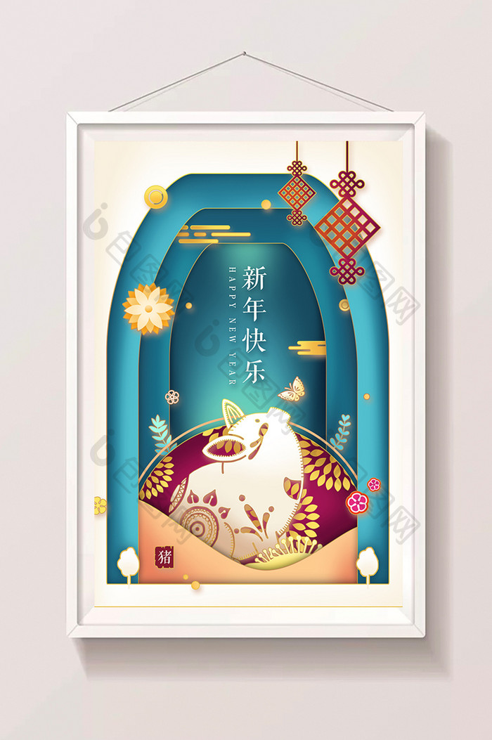 剪纸风中国传统文化猪年祝福贺卡插画