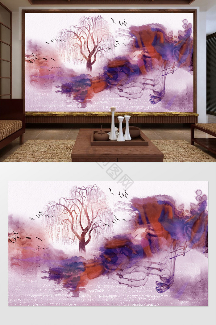 抽象色彩树飞鸟背景墙图片