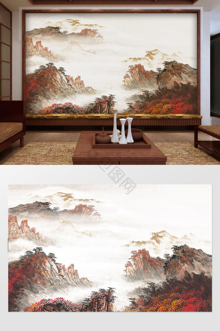 新中式红色山水风景国画背景墙图片