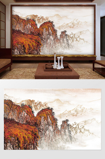 新中式抽象山水国画红色风景背景墙图片