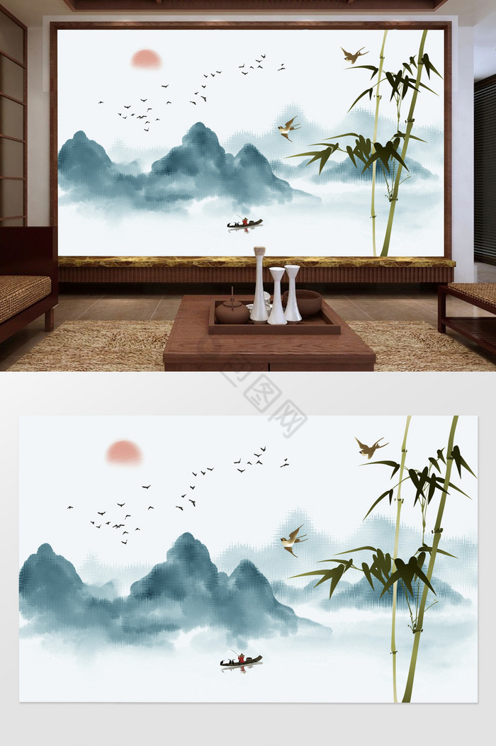 新中式意境蓝色山水竹子背景墙图片