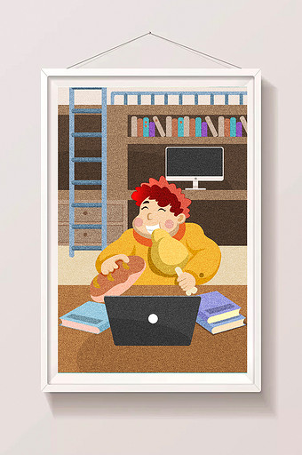 彩色卡通可爱胖男孩宅在宿舍玩电脑吃鸡腿插图片