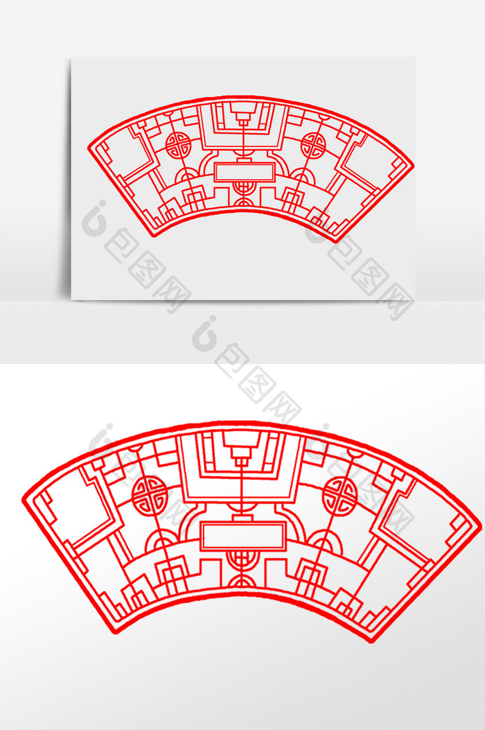 手绘中国风红色扇形剪纸插画元素