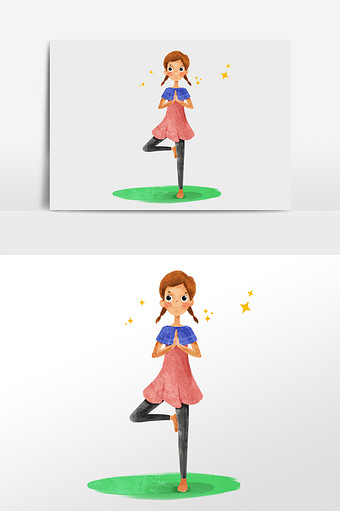 水彩手绘女孩做运动独脚站立插画人物素材图片
