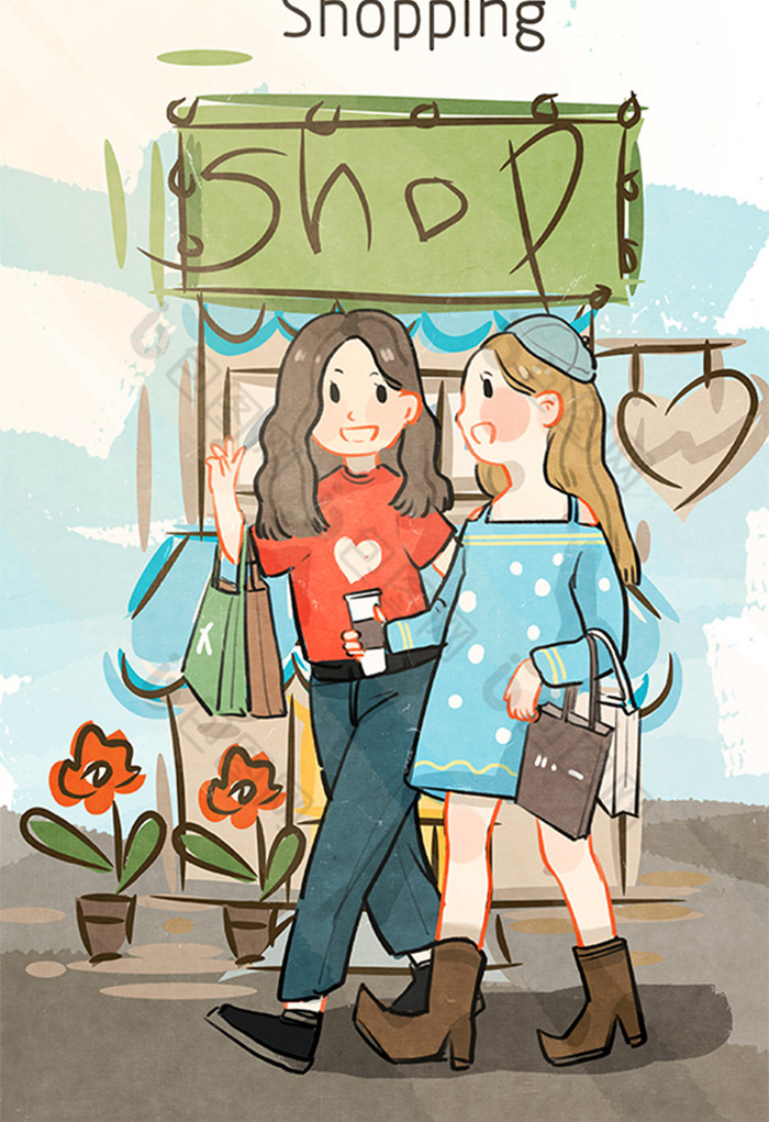 购物逛街女孩闺蜜逛街购物逛街插画图片