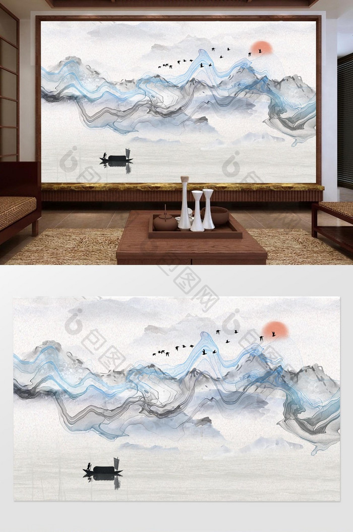 新中式抽象山水水墨线条飞鸟小舟背景墙