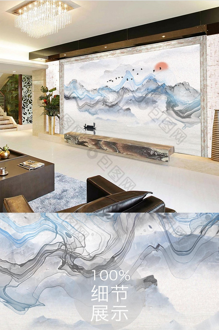 新中式抽象山水水墨线条飞鸟小舟背景墙