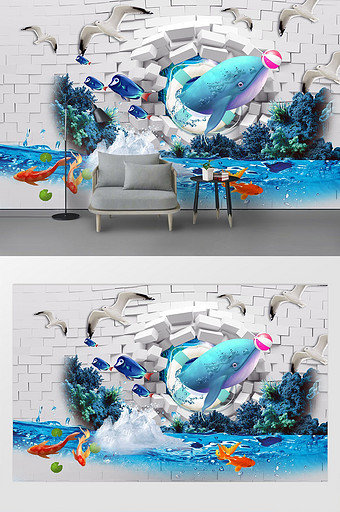 现代3D海豚白鹤背景墙图片