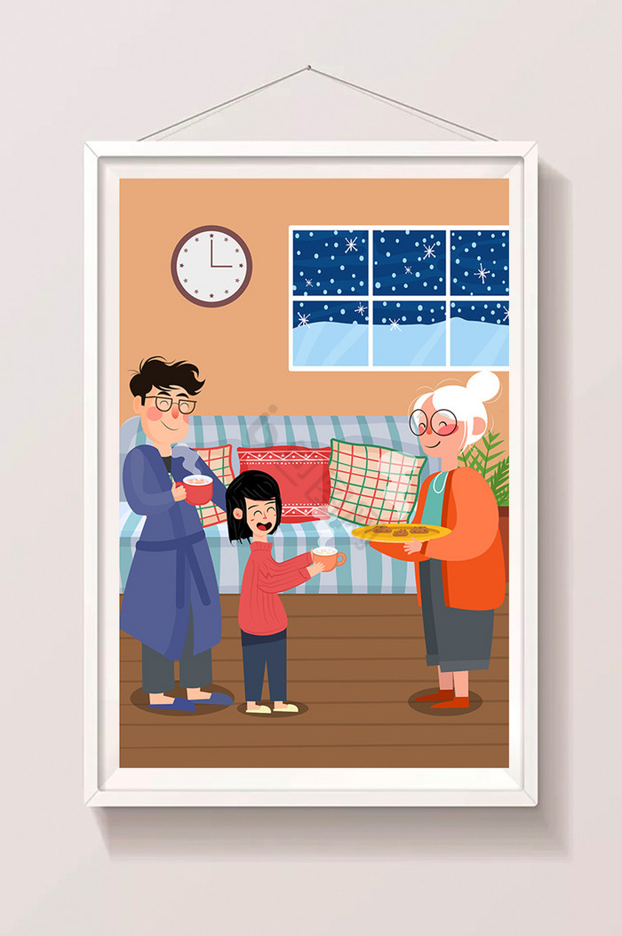 冬季大雪室内家庭温馨插画图片