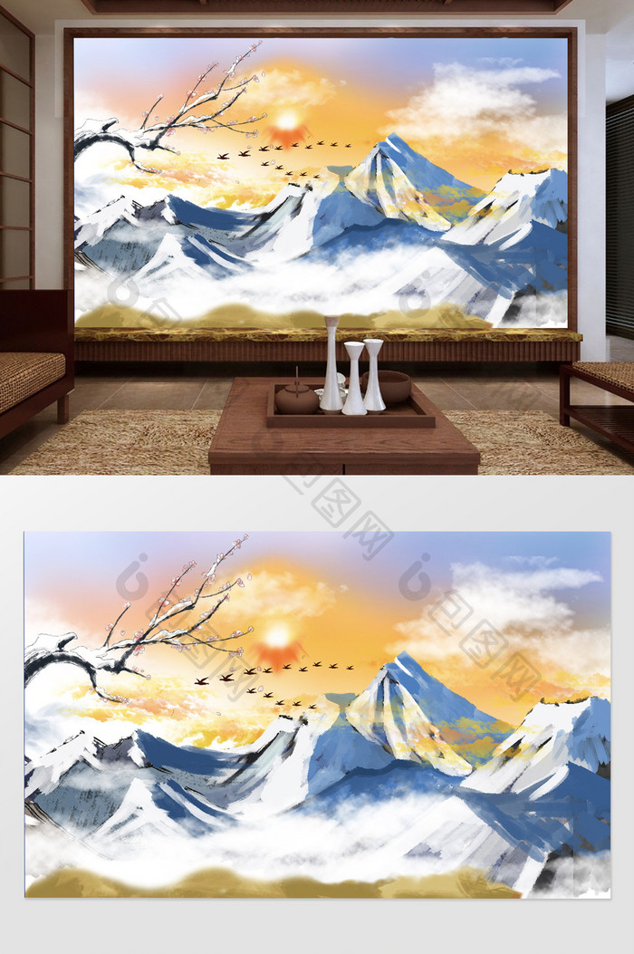 新中式大气雪山景色背景图