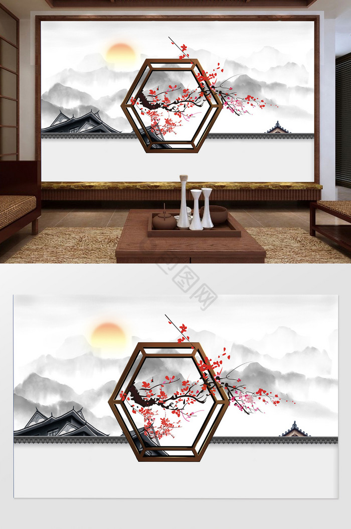 新中式清新中式山水梅花风景背景墙图片