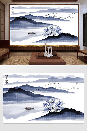中式蓝色水墨禅意山水背景装饰画图片