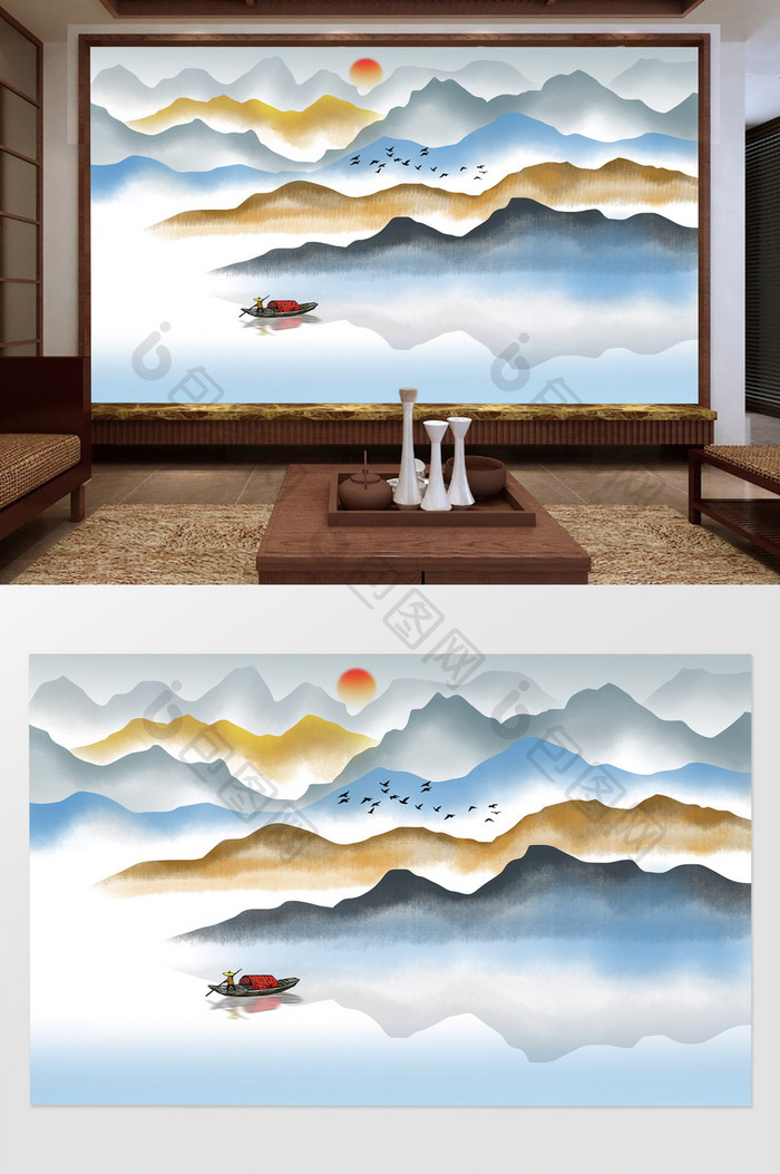 中式意境山水背景装饰壁画