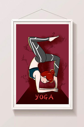 红色室内女孩单人瑜伽健康养生生活方式插画图片