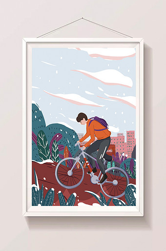 清新扁平冬日骑车锻炼身体插画图片