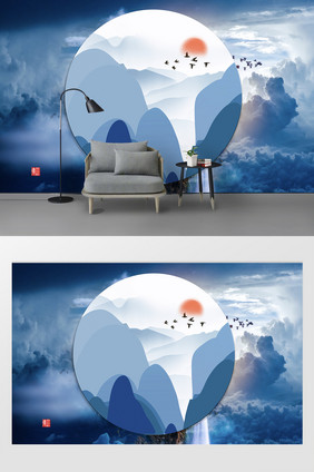 现代风蓝色创意圆形山峦云雾装饰定制背景墙