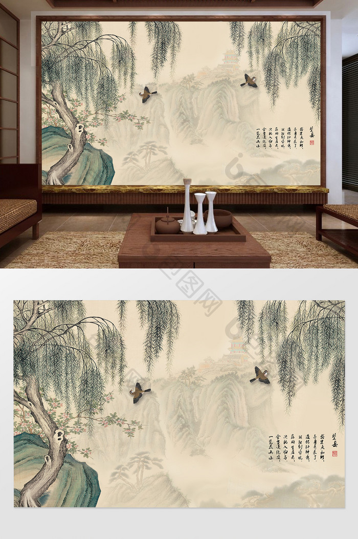 中式风柳树风景背景墙