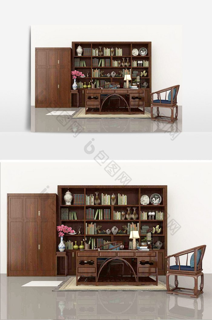 中式风格书房书桌书柜