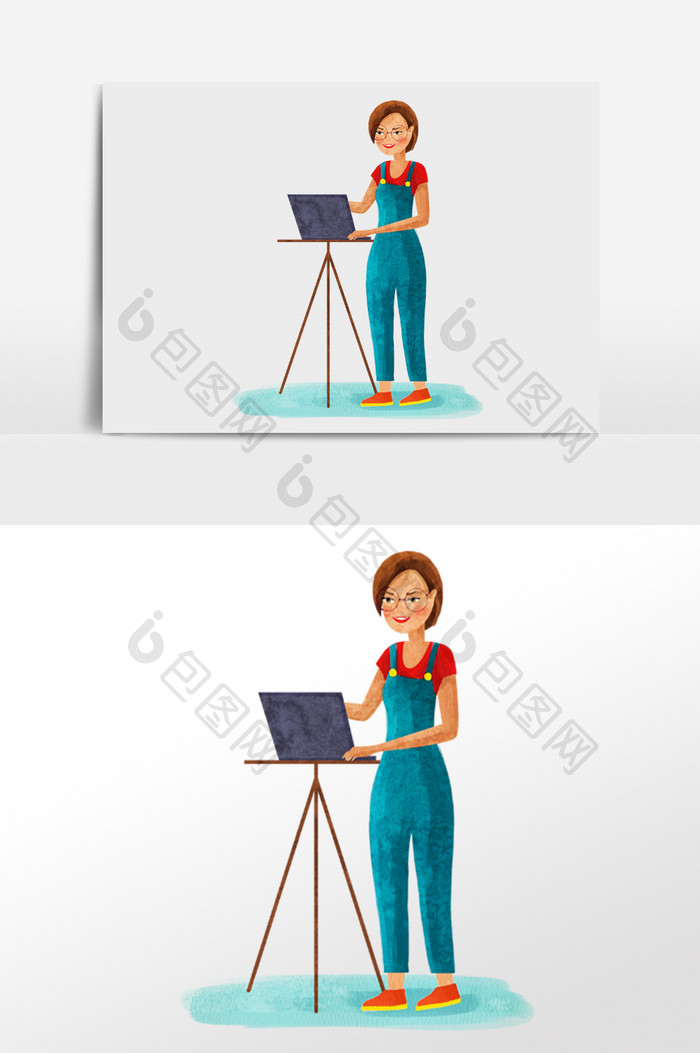 水彩手绘女孩用电脑工作插画人物