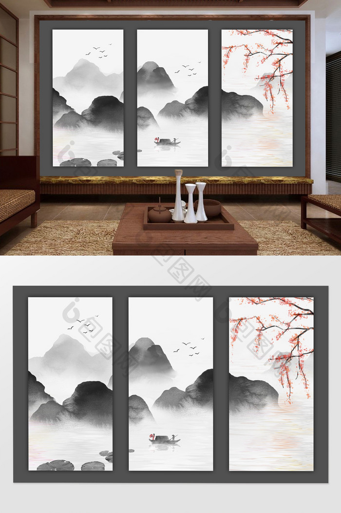 新中式抽象山水花枝背景壁画