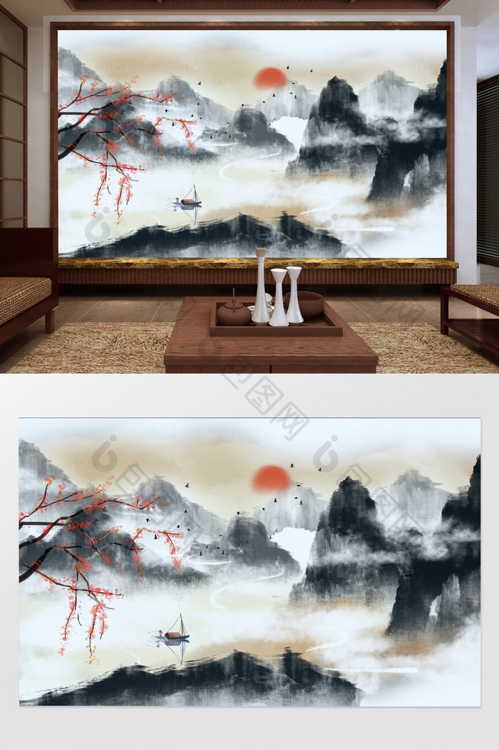 新中式大气巍峨山水风景背景墙图片图片