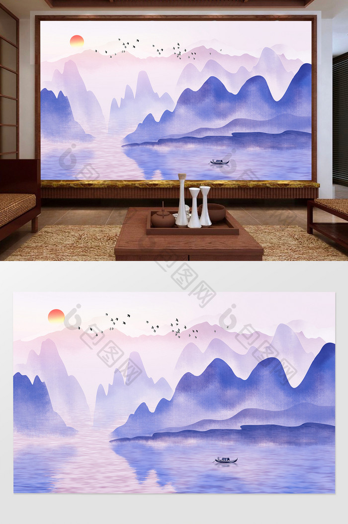 中国风意境唯美水墨山水风景客厅背景墙