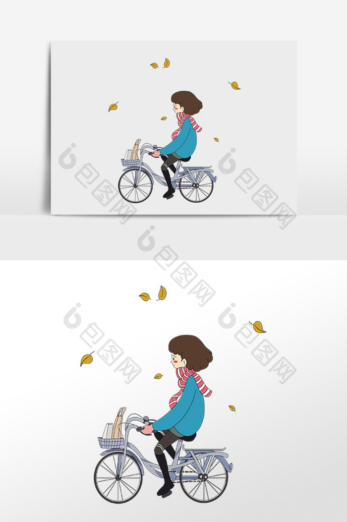 手绘冬天冬季人物骑单车插画元素