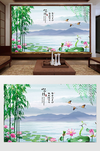 国画江南山水情背景墙图片