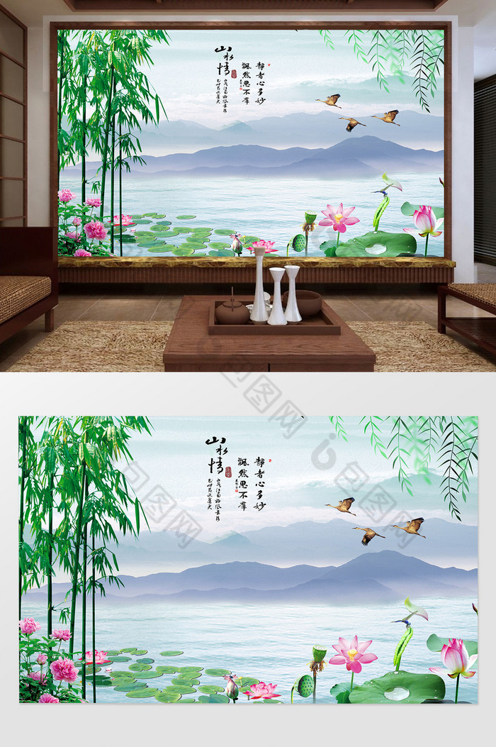 国画江南山水情背景墙图片图片