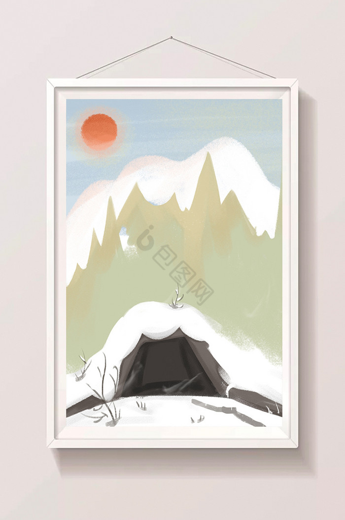 山中雪洞插画图片