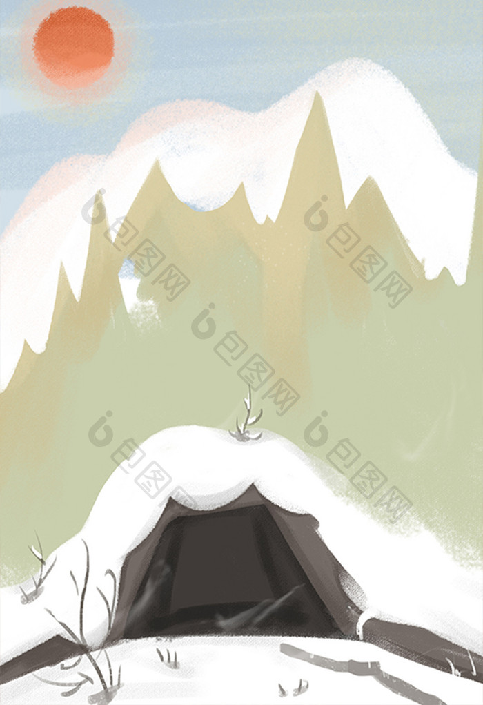 手绘山中雪洞插画元素