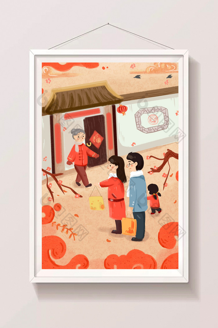 红色喜庆中国风正月初二回娘家过年插画除夕