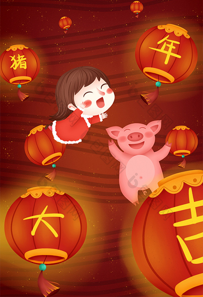 2019猪年猪年大吉新年插画
