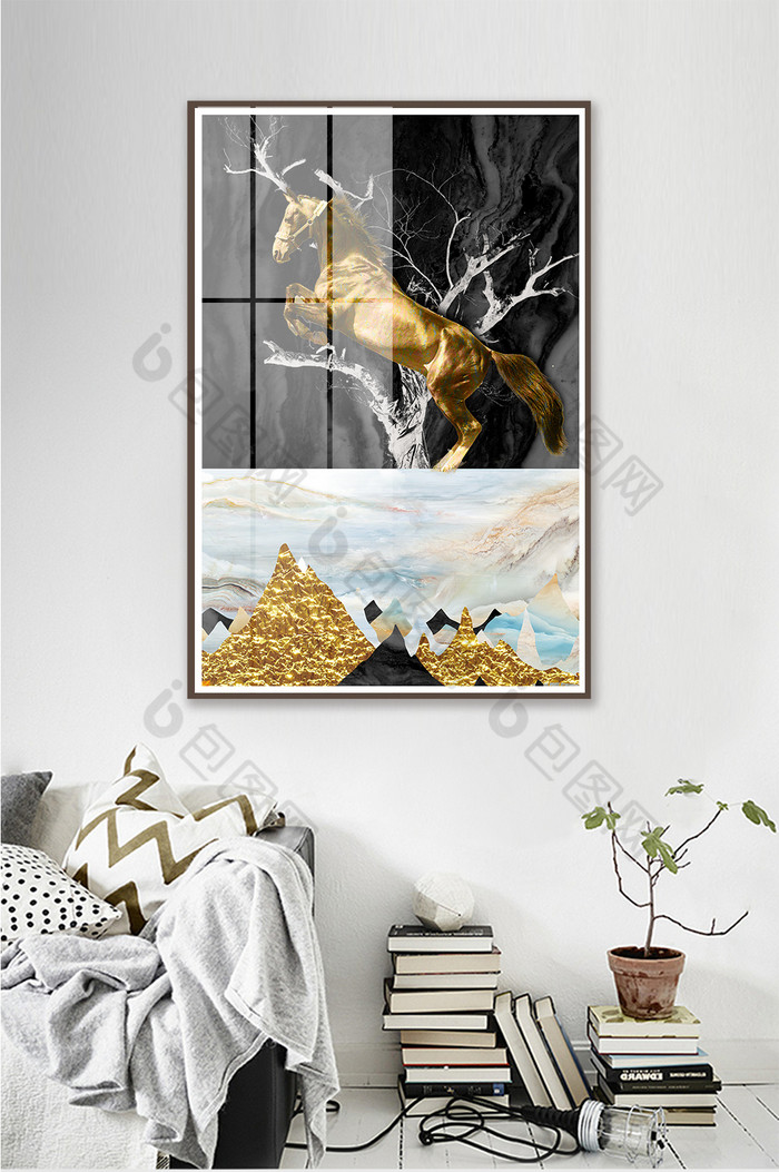 北欧骏马金色山峦流水生产晶瓷装饰画图片图片