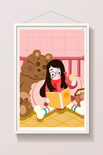 可爱卡通小女孩吃着薯片床上看书插画图片