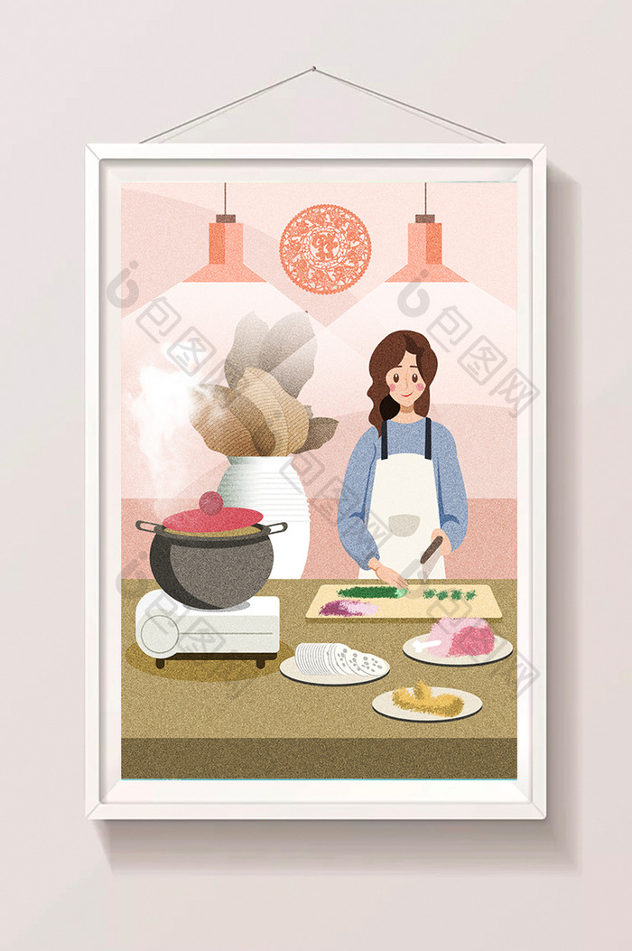 小清新女孩厨房烹饪生活方式插画