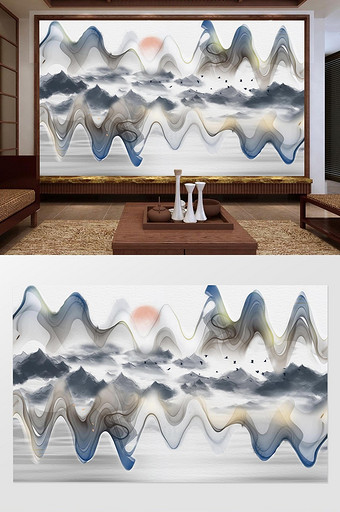 新中式抽象山水水墨线条太阳背景墙图片