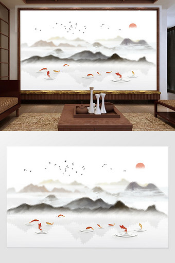 新中式鲤鱼意境水墨山水背景墙图片