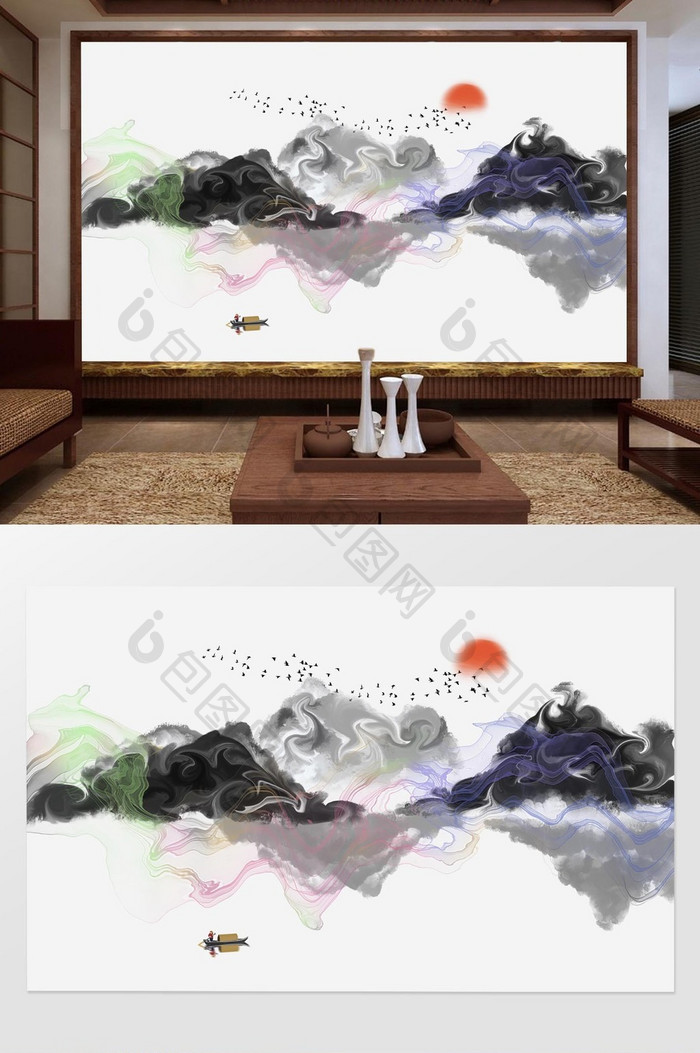 新中式彩色线条山水梵高抽象背景墙