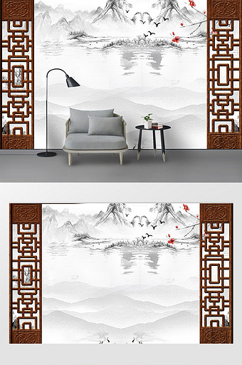 新中式意境蓝色水墨飞鸟山水背景墙图片