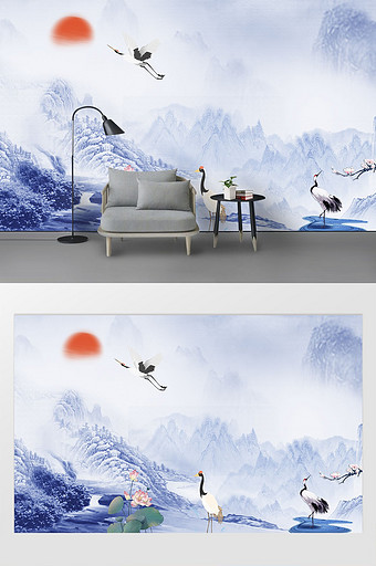 新中式蓝色山水仙鹤飞鸟太阳背景墙图片