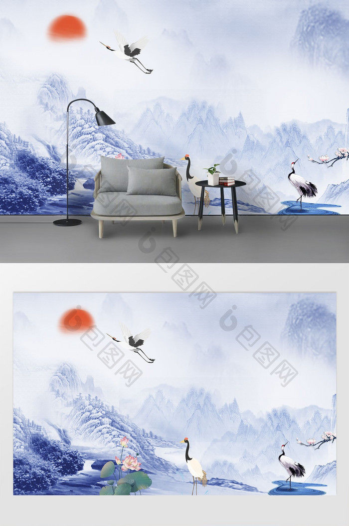 新中式蓝色山水仙鹤飞鸟太阳背景墙