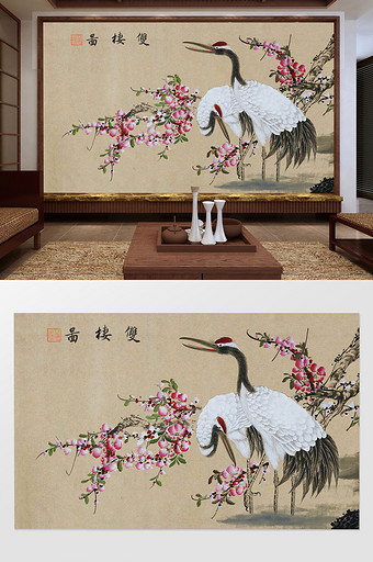 中国风水墨手绘白鹤双栖图电视背景墙图片