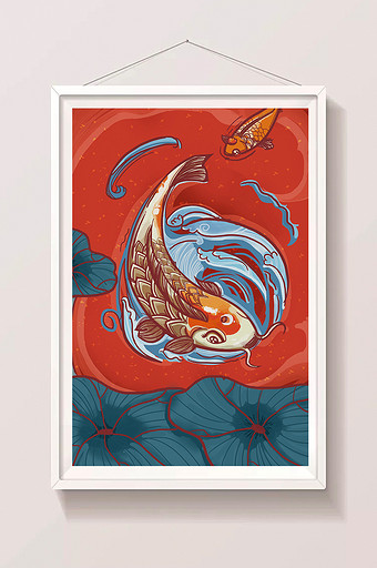 红色喜庆中国风可拆分荷叶锦鲤插图图片