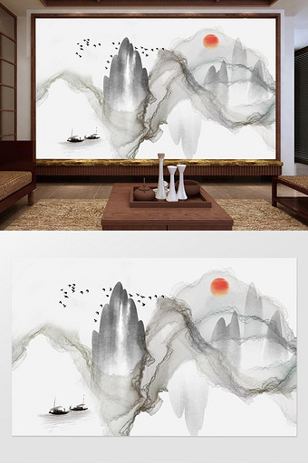新中式抽象山水倒影水墨线条背景墙图片