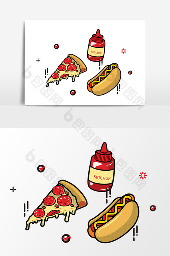 手绘热狗披萨设计元素图片