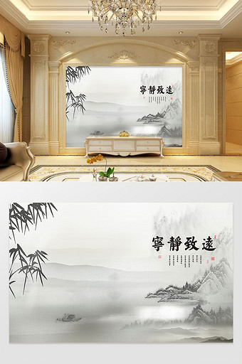 新中式意境油画古建筑徽派水墨房屋树背景墙图片