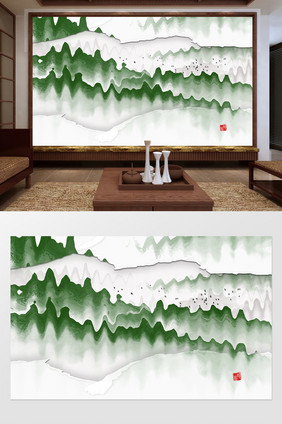 新中式绿色创意波纹山峦定制电视背景墙
