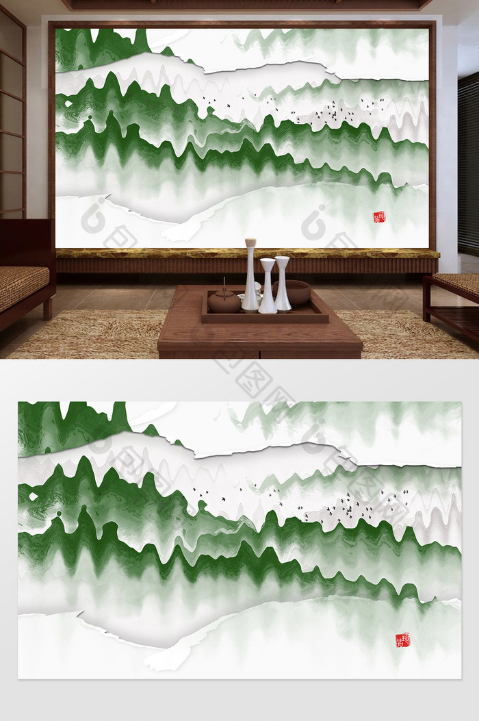 新中式绿色创意波纹山峦定制电视背景墙