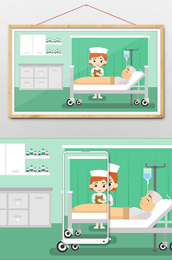 绿色医疗医院护士在病房检查病人情况插画图片